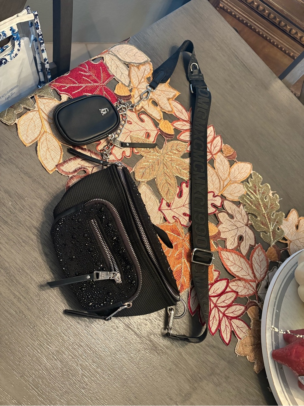Steve Madden Black Crossbody Bag with Beaded Front and Branded Strap Pouch